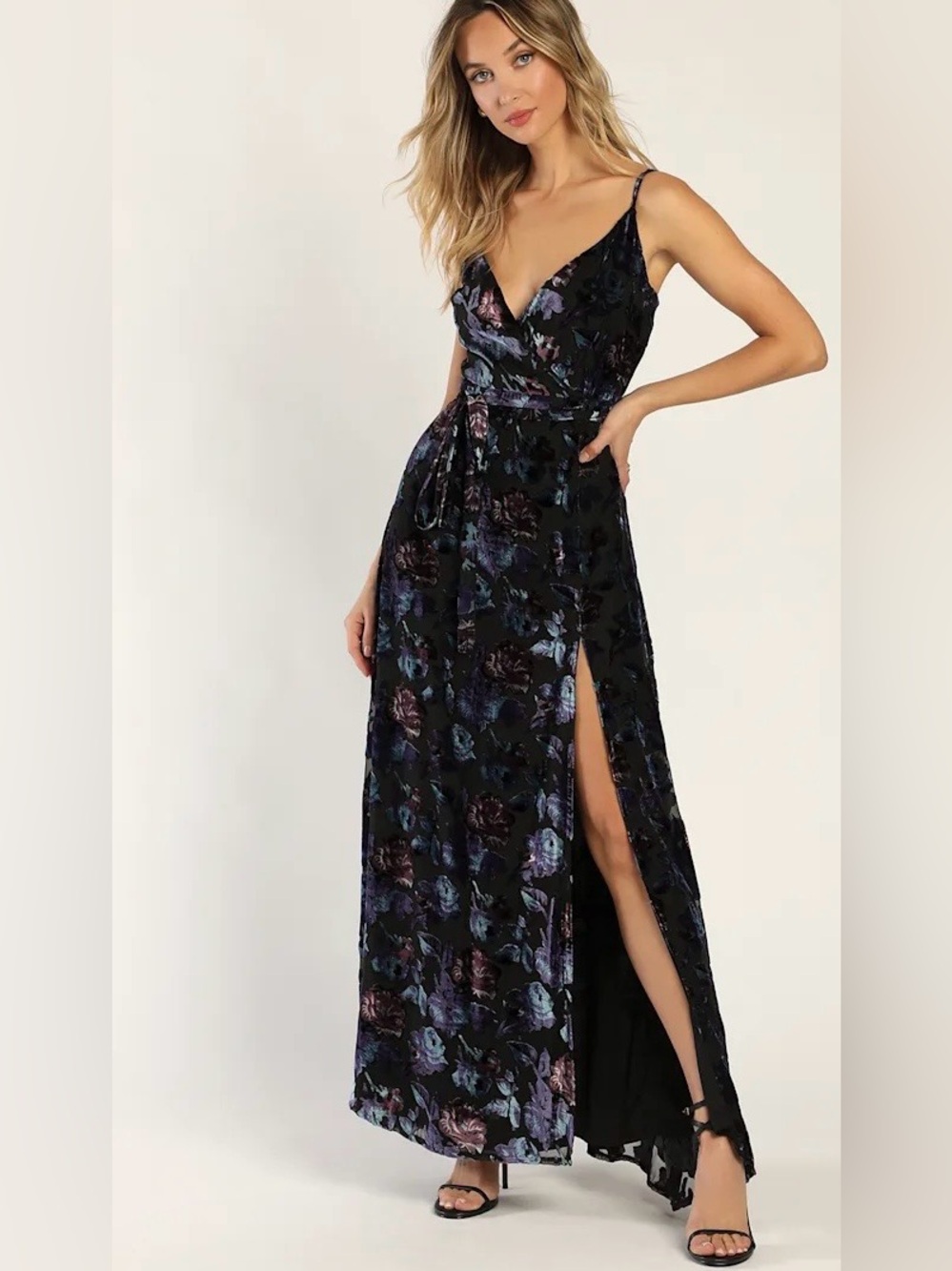 Lulu's Pretty Companion Black Floral Velvet Burnout‎ Maxi Dress Romantic Size XL